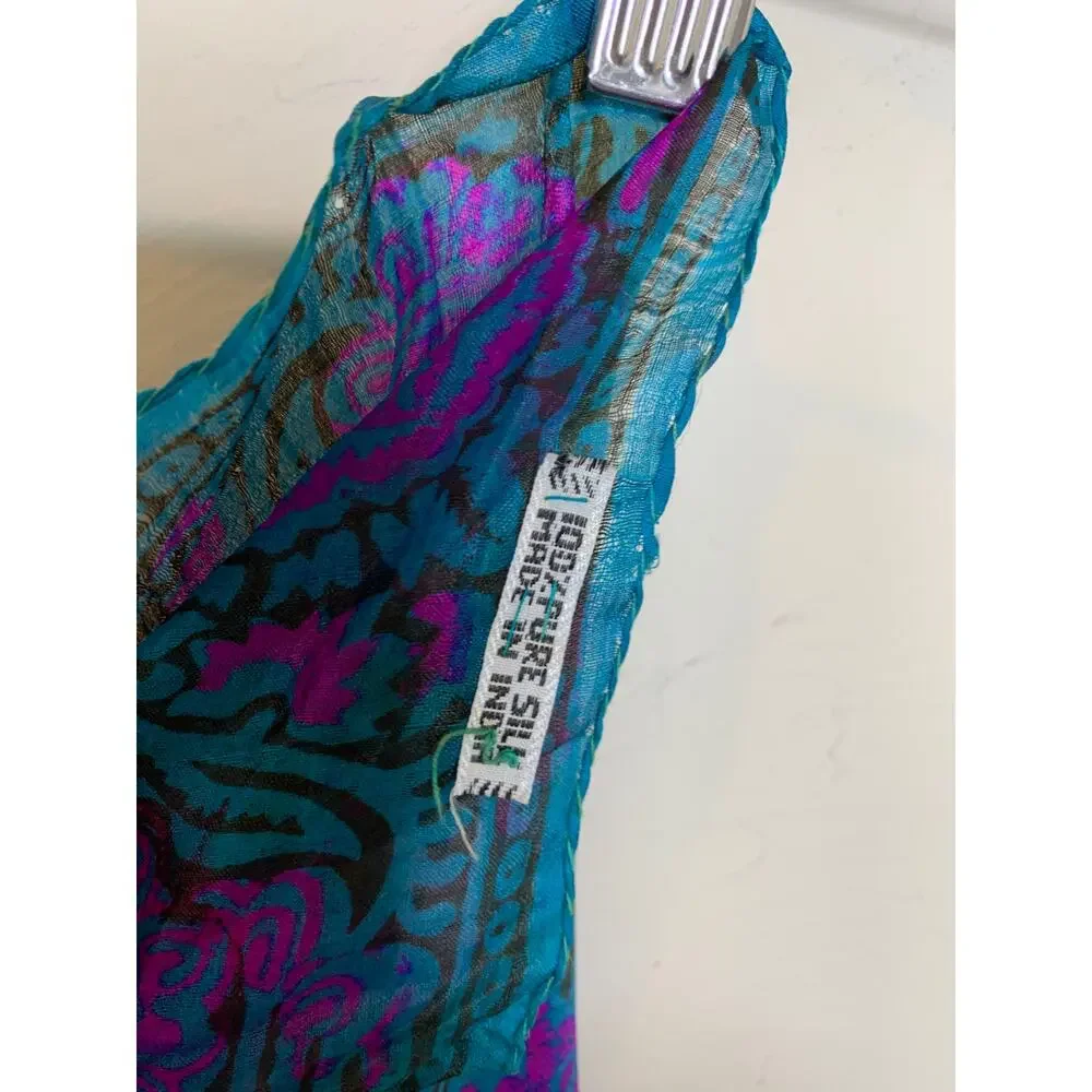 Green Pink Purple Floral Batik? Silk Scarf 29 x 27